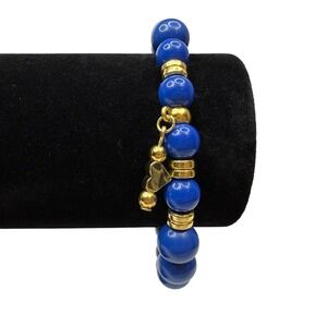 Blue Acrylic Beaded Heart Charm Bracelet Gold Tone Accents Stretch Band Jewelry